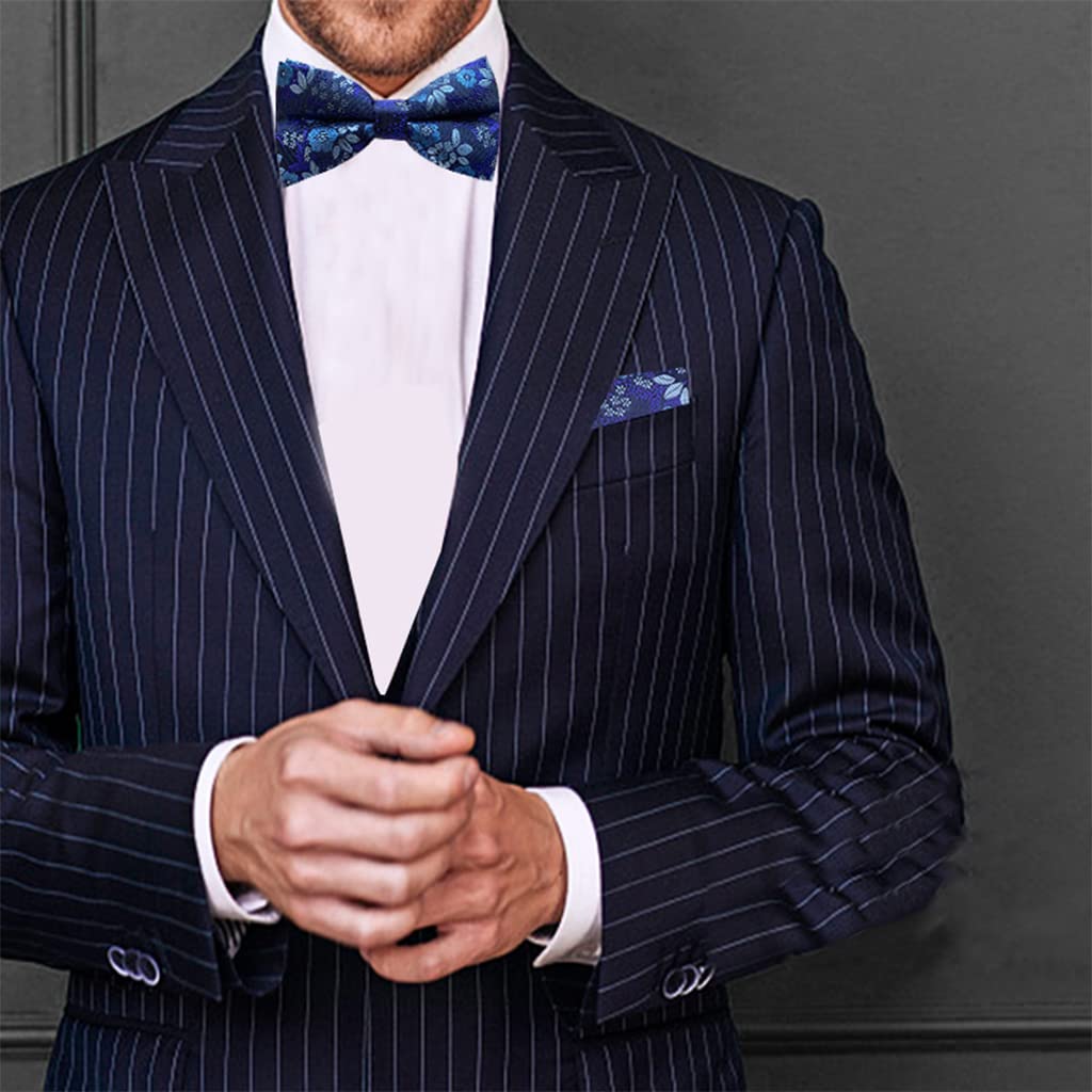 GUSTAVE Men's Bow Tie-Floral Jacquard Bow Tie Set Pocket Square Exquisite Collection (Blue) GUSTAVE Men's Bow Tie-Floral Jacquard Bow Tie Set Pocket Square Exquisite Collection (Blue)